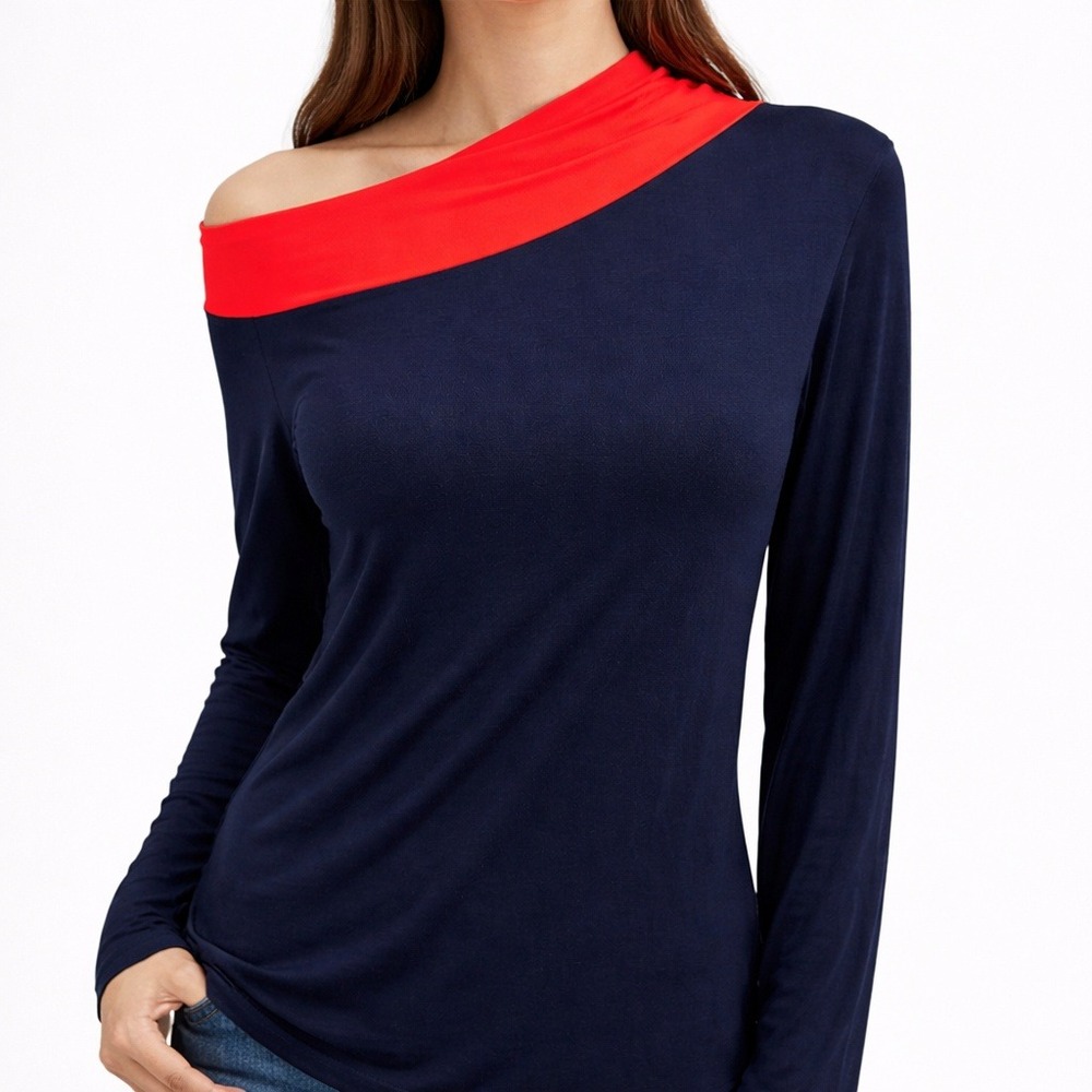 NWT Womens M Navy Red Off Shoulder Asymmetric Neck Long Sleeve Stretch Top